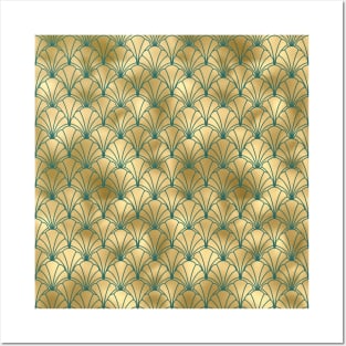 Teal and Gold Vintage Art Deco Scallop Shell Pattern Posters and Art